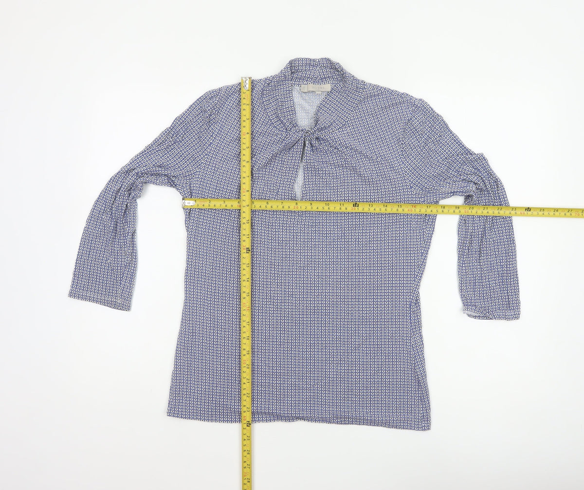 Hobbs Women Blue Geometric Tie Neck Long Sleeve Tunic Blouse M
