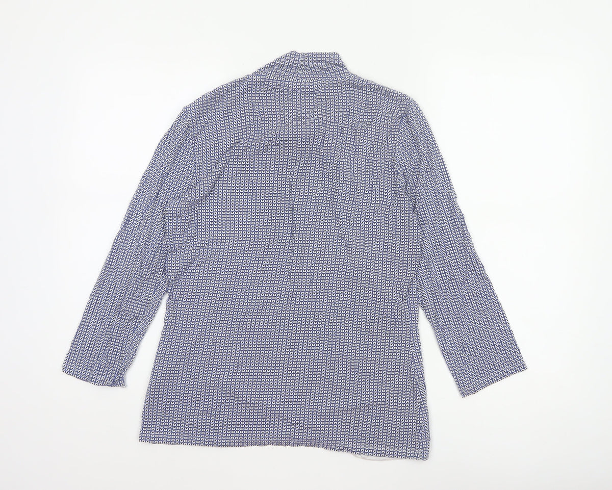 Hobbs Women Blue Geometric Tie Neck Long Sleeve Tunic Blouse M