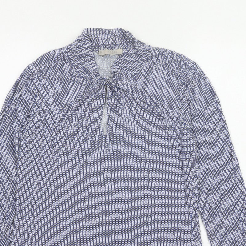 Hobbs Women Blue Geometric Tie Neck Long Sleeve Tunic Blouse M