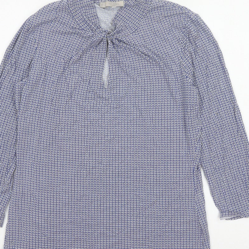 Hobbs Women Blue Geometric Tie Neck Long Sleeve Tunic Blouse M
