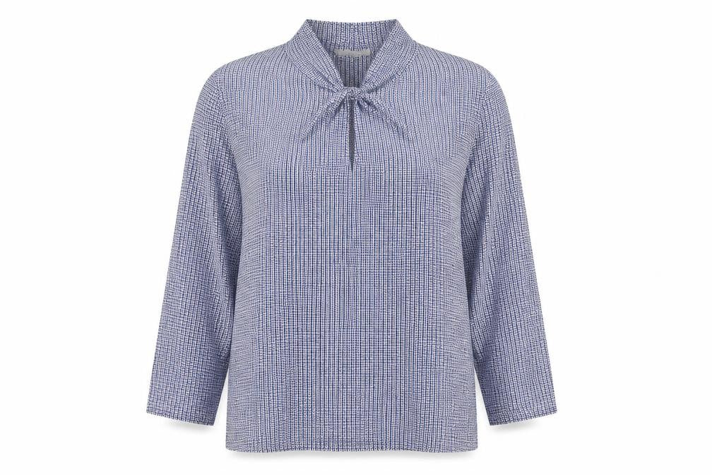 Hobbs Women Blue Geometric Tie Neck Long Sleeve Tunic Blouse M