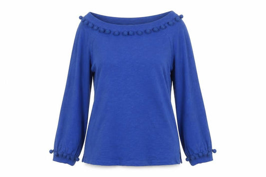 Boden Women Blue UK 6 Pom Pom Balloon Sleeve Jersey Blouse