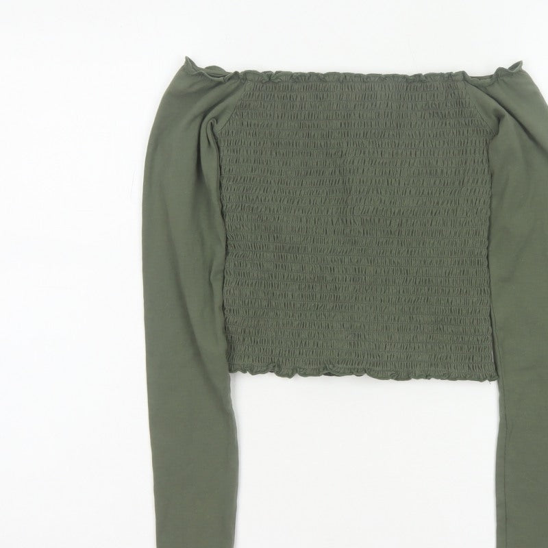 Hollister Women Green XS Cropped Off Shoulder Smocked Long Sleeve Blouse