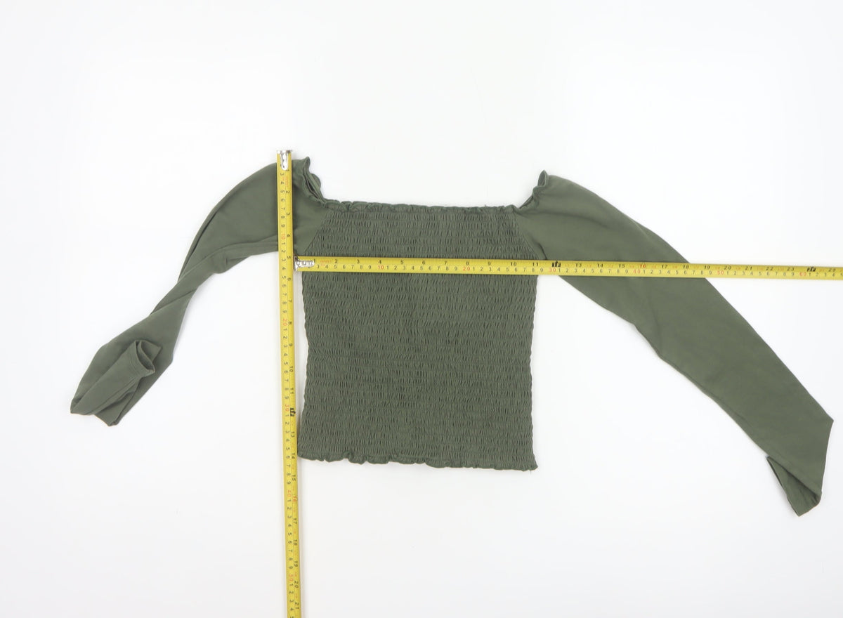 Hollister Women Green XS Cropped Off Shoulder Smocked Long Sleeve Blouse