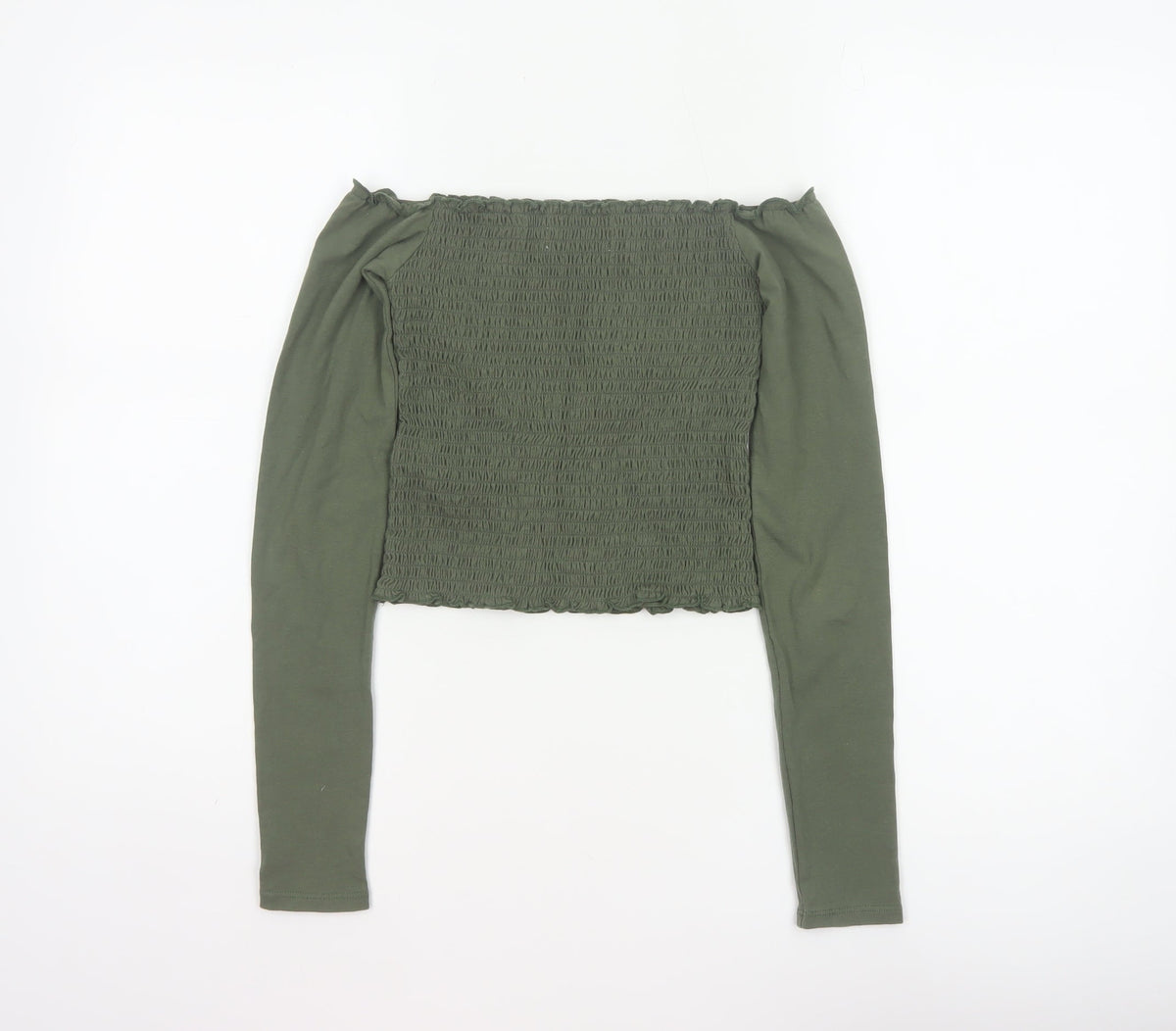 Hollister Women Green XS Cropped Off Shoulder Smocked Long Sleeve Blouse