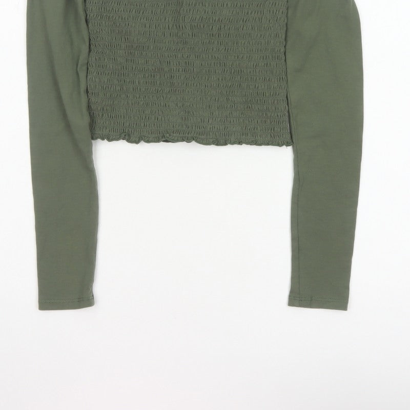 Hollister Women Green XS Cropped Off Shoulder Smocked Long Sleeve Blouse