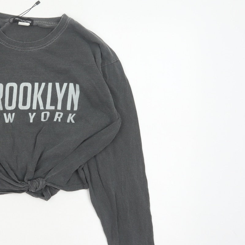 PrettyLittleThing Women’s Grey M Cropped Brooklyn NY Long Sleeve T-Shirt