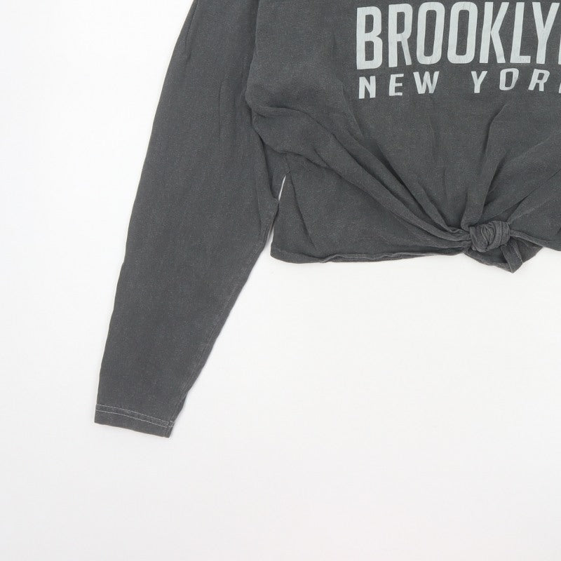 PrettyLittleThing Women’s Grey M Cropped Brooklyn NY Long Sleeve T-Shirt