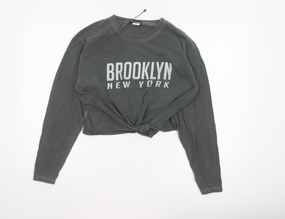 PrettyLittleThing Women’s Grey M Cropped Brooklyn NY Long Sleeve T-Shirt