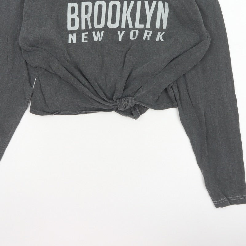PrettyLittleThing Women’s Grey M Cropped Brooklyn NY Long Sleeve T-Shirt