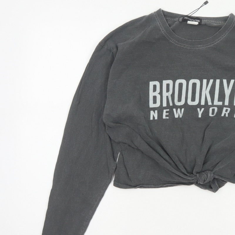PrettyLittleThing Women’s Grey M Cropped Brooklyn NY Long Sleeve T-Shirt