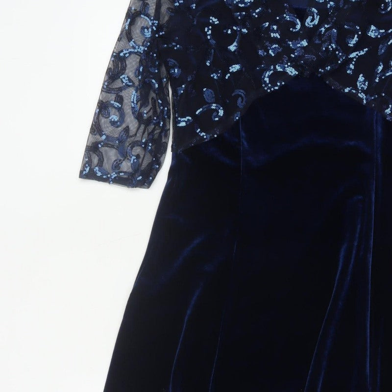 Bm Women’s Blue Size 14 Velvet Sequin Mesh Jacket Dress Formal