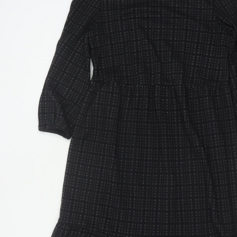 Oliver Bonas Women Black UK 8 Midi Fit & Flare Geometric Ruffle Dress