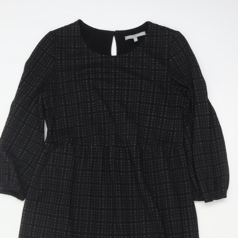 Oliver Bonas Women Black UK 8 Midi Fit & Flare Geometric Ruffle Dress