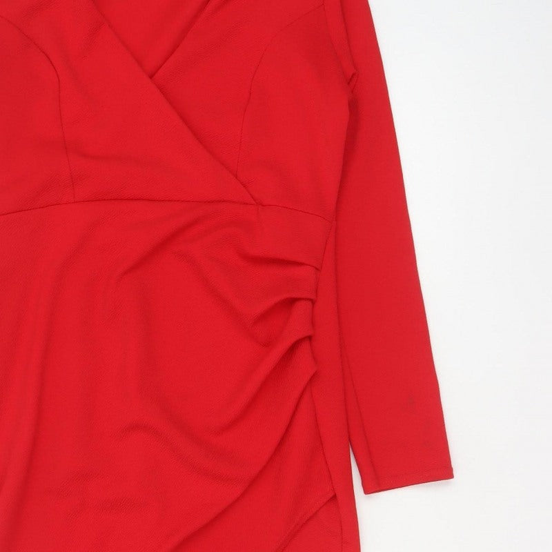 Boohoo Women Red UK 14 Bodycon Wrap Asymmetric Long Sleeve Dress
