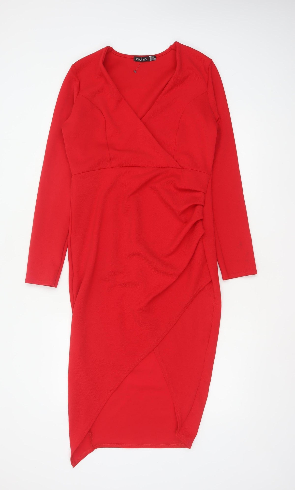Boohoo Women Red UK 14 Bodycon Wrap Asymmetric Long Sleeve Dress
