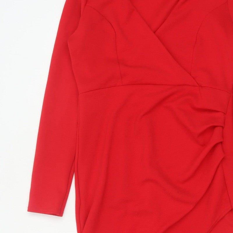 Boohoo Women Red UK 14 Bodycon Wrap Asymmetric Long Sleeve Dress