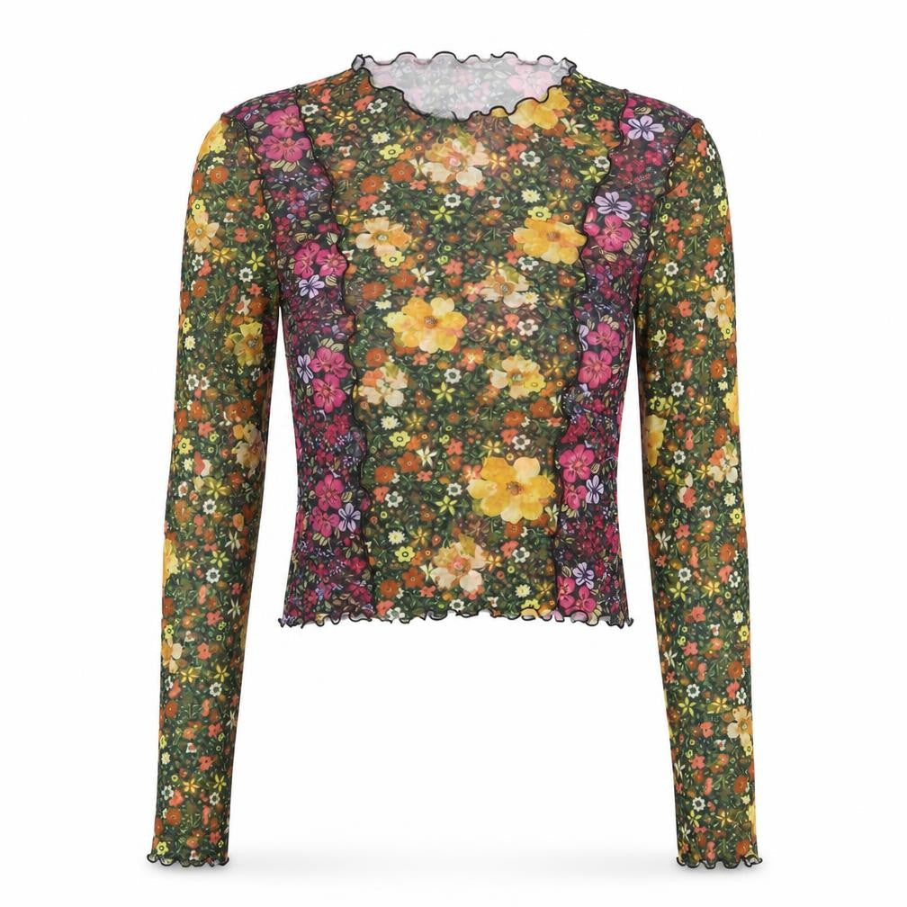 M-M Women’s Multicoloured M Floral Mesh Cropped Long Sleeve Blouse