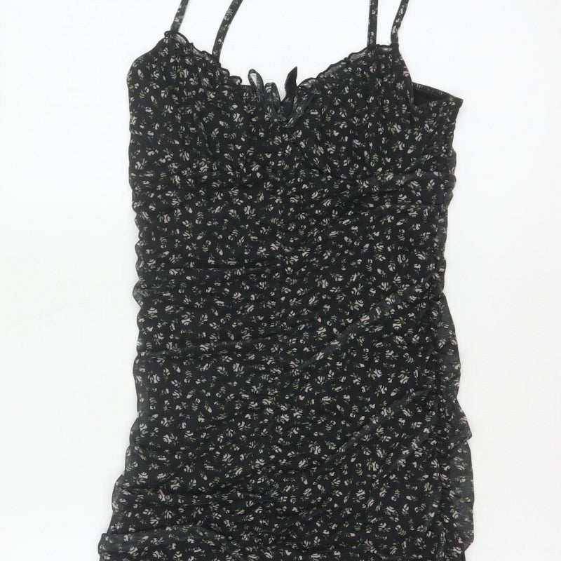 Divided H&M Women Black Floral S Ruched Bodycon Mini Dress