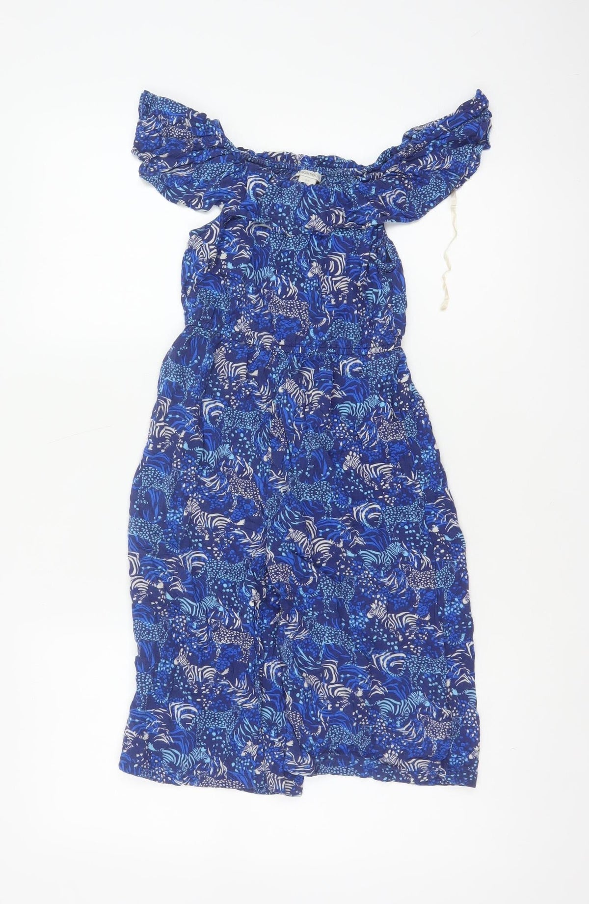 Back view of Monsoon girls’ blue 5-6 years animal print off shoulder wide leg jumpsuit