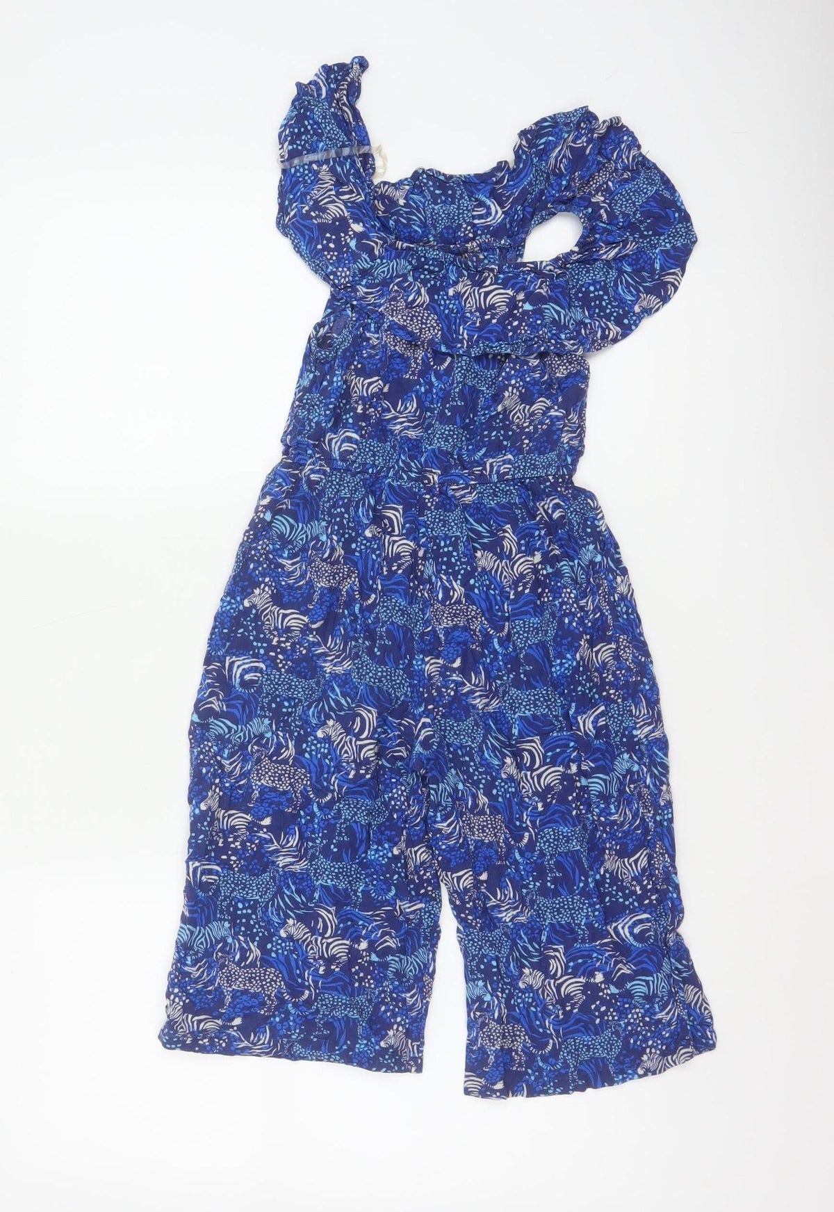 Brand and care label for Monsoon girls’ blue 5-6 years animal print off shoulder wide leg jumpsuit