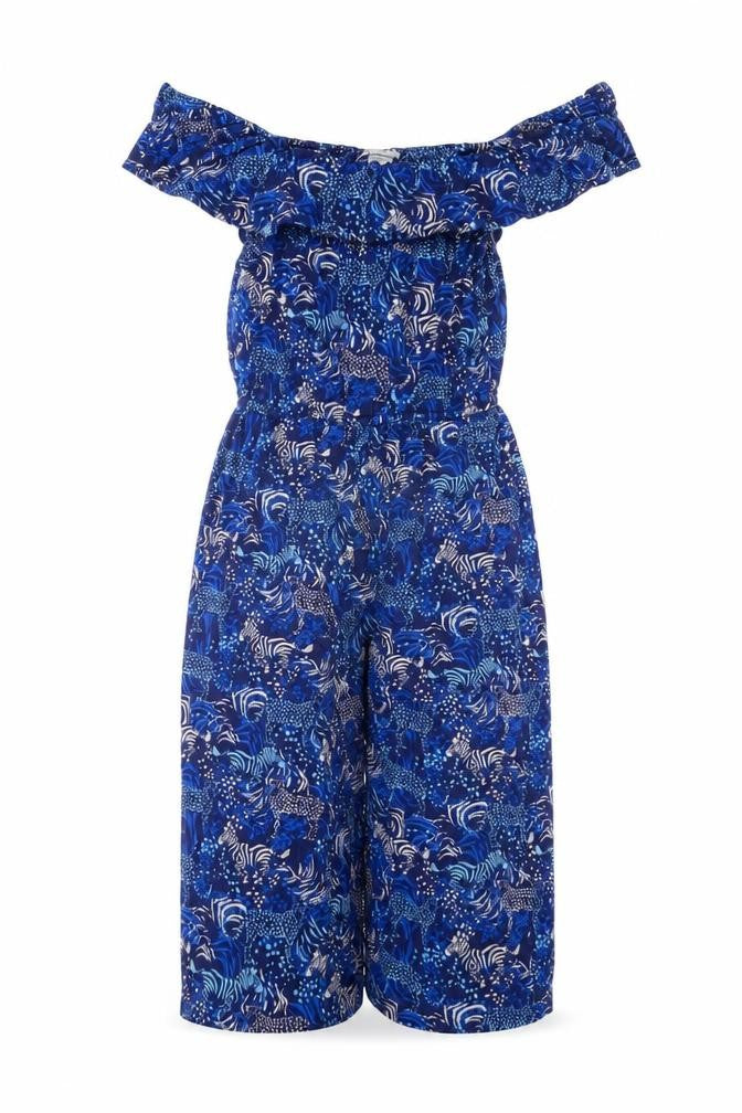 Front view of Monsoon girls’ blue 5-6 years animal print off shoulder wide leg jumpsuit