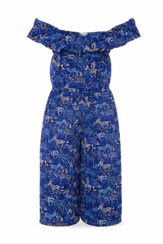 Monsoon Girls Blue 5-6 Years Animal Print Off Shoulder Wide Leg Jumpsuit