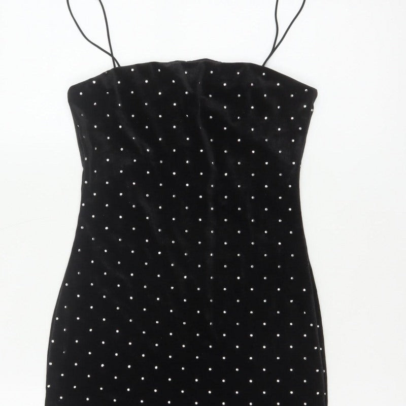H&M Women Black XS Velvet Rhinestone Bodycon Knee Length Party Dress