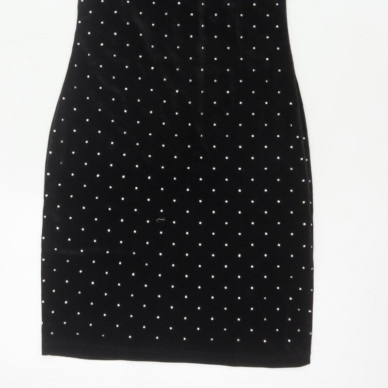 H&M Women Black XS Velvet Rhinestone Bodycon Knee Length Party Dress