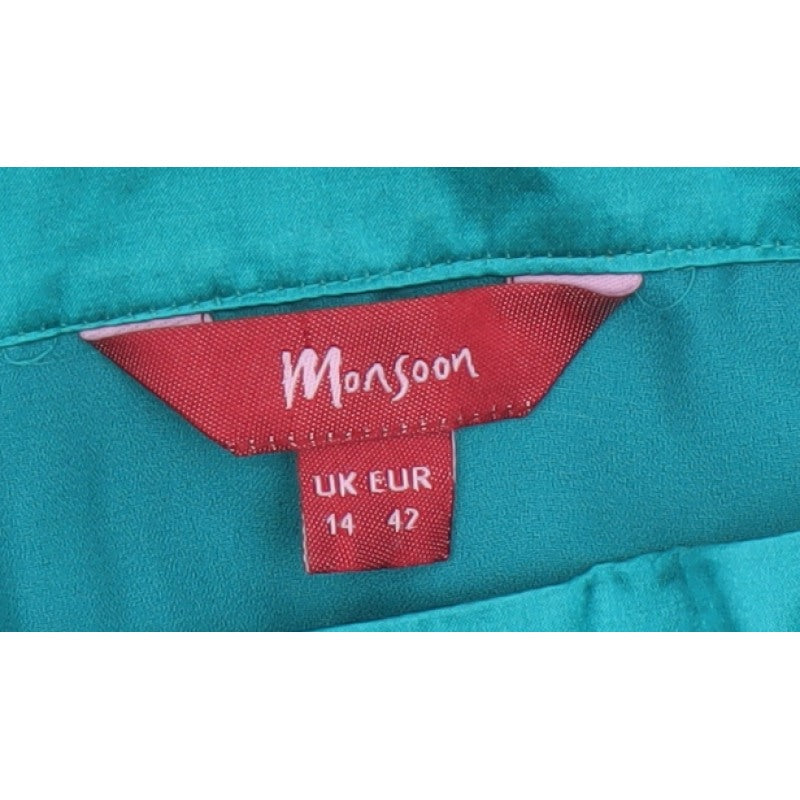 Monsoon Women Green UK 14 Silk Geometric Tie Waist Tunic Blouse