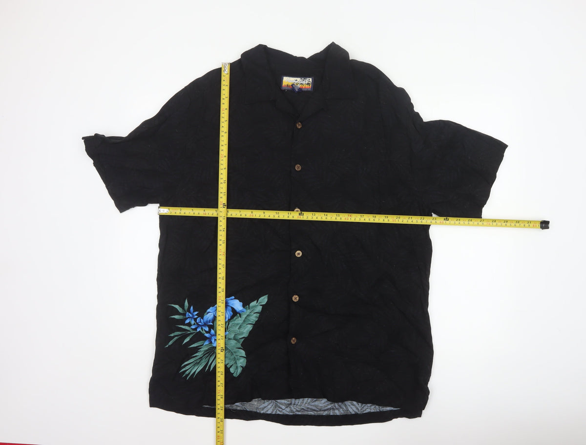 Close-up detail of Havana Jack's Cafe Men’s Black M Hawaiian Floral Rayon Button-Up Shirt
