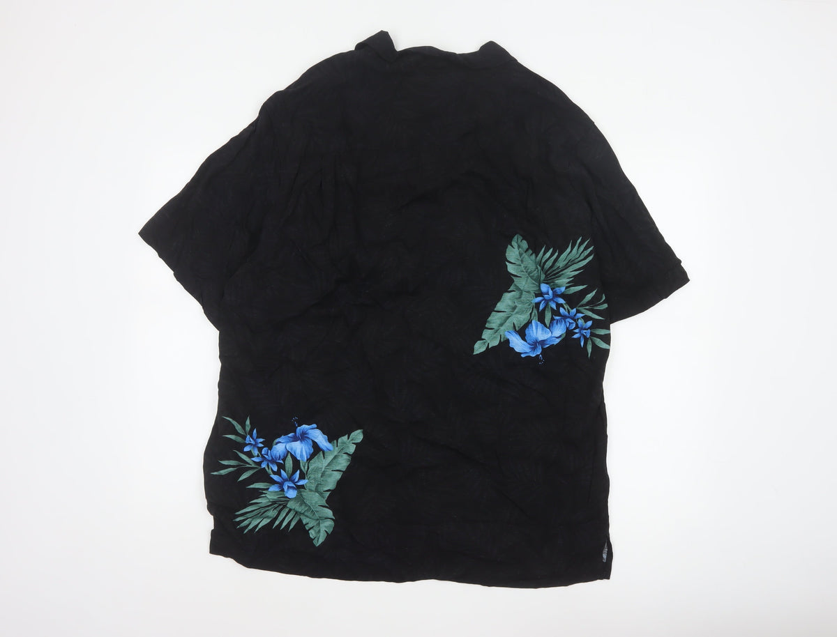 Brand and care label for Havana Jack's Cafe Men’s Black M Hawaiian Floral Rayon Button-Up Shirt