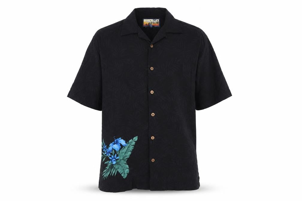 Front view of Havana Jack's Cafe Men’s Black M Hawaiian Floral Rayon Button-Up Shirt