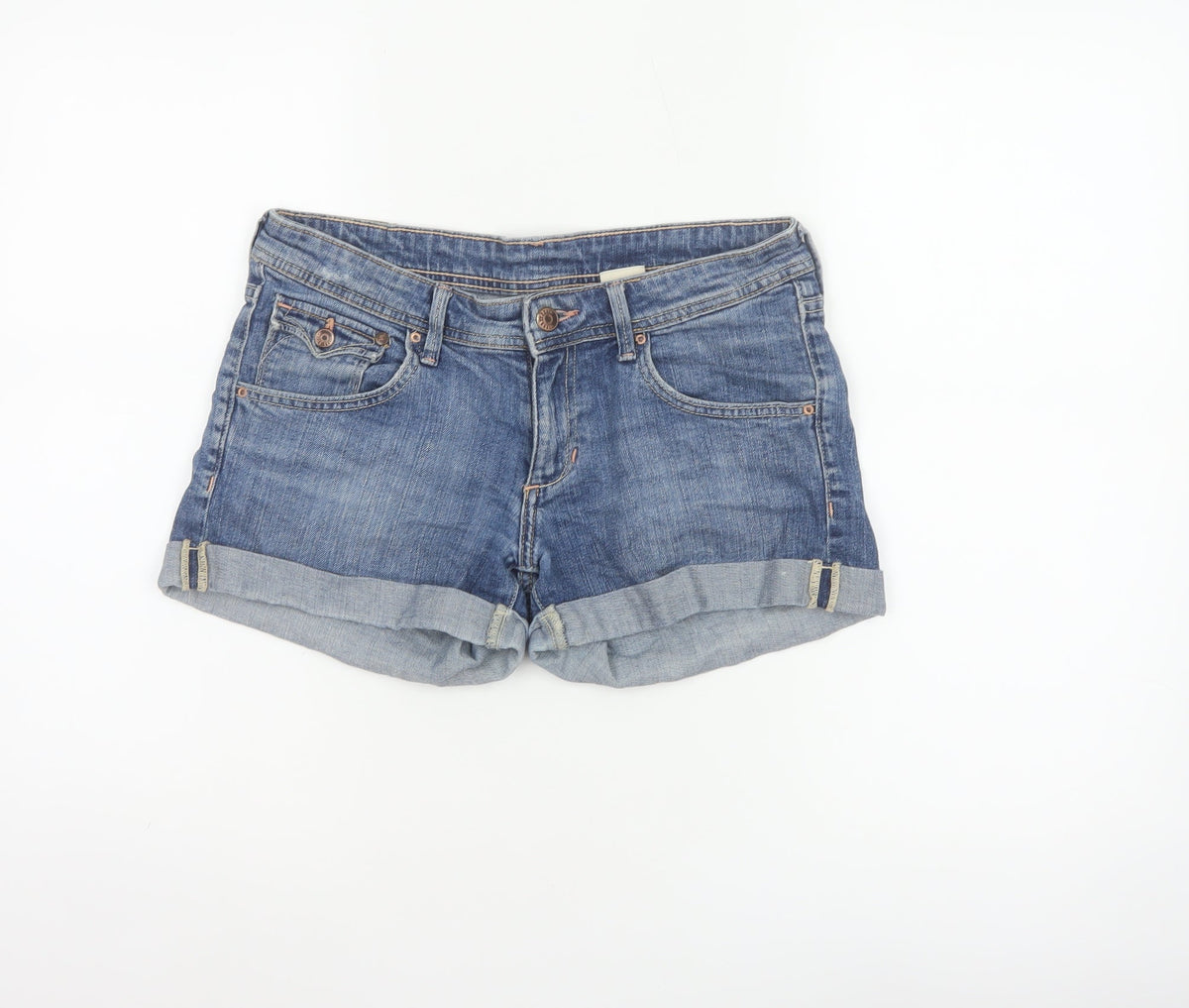 H&M Women Blue Denim Cuffed Shorts UK 10 5-Pocket Light Wash