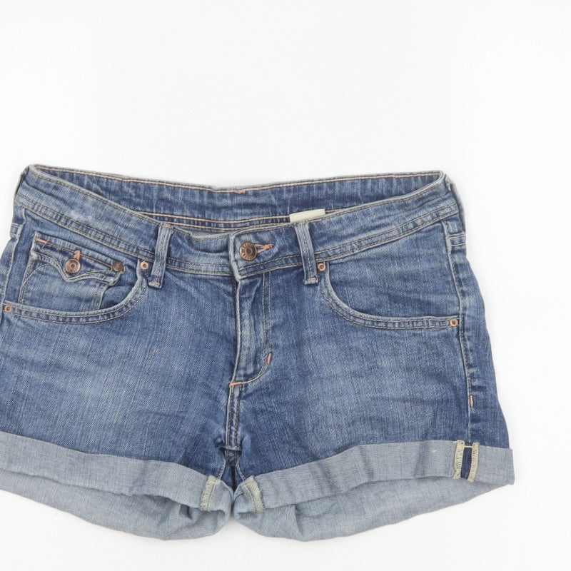 H&M Women Blue Denim Cuffed Shorts UK 10 5-Pocket Light Wash