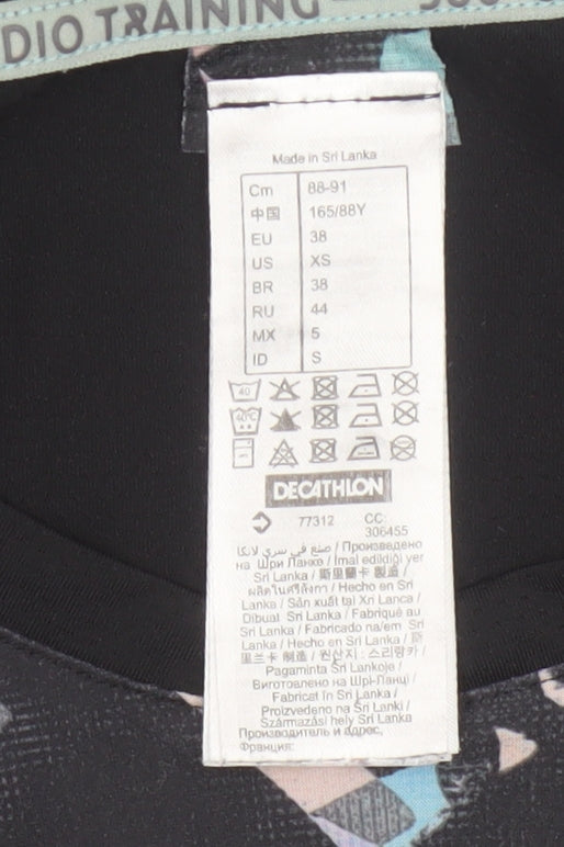 Decathlon Women Black UK 10 Geometric Stretch Gym Training T-Shirt
