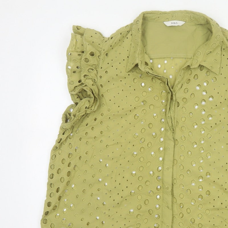 Marks and Spencer Women Green UK 22 Ruffle Eyelet Cotton Button-Up Blouse