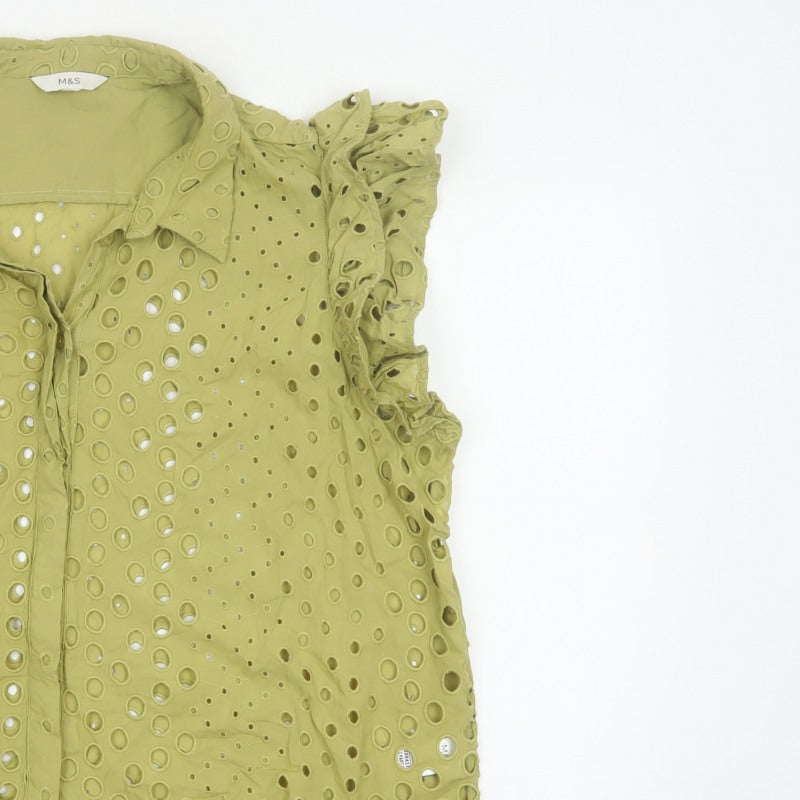 Marks and Spencer Women Green UK 22 Ruffle Eyelet Cotton Button-Up Blouse