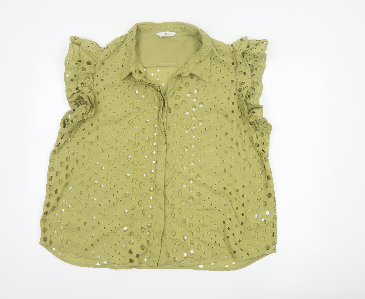 Marks and Spencer Women Green UK 22 Ruffle Eyelet Cotton Button-Up Blouse