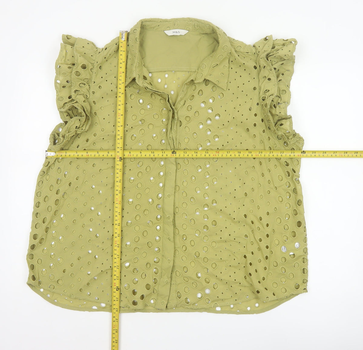Marks and Spencer Women Green UK 22 Ruffle Eyelet Cotton Button-Up Blouse