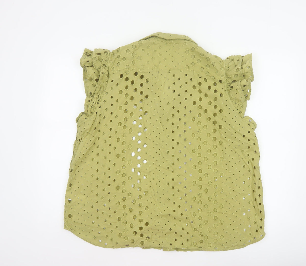 Marks and Spencer Women Green UK 22 Ruffle Eyelet Cotton Button-Up Blouse