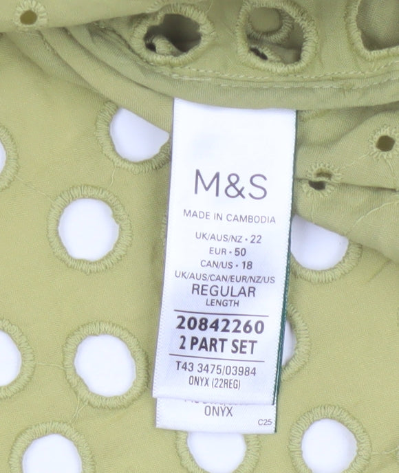 Marks and Spencer Women Green UK 22 Ruffle Eyelet Cotton Button-Up Blouse