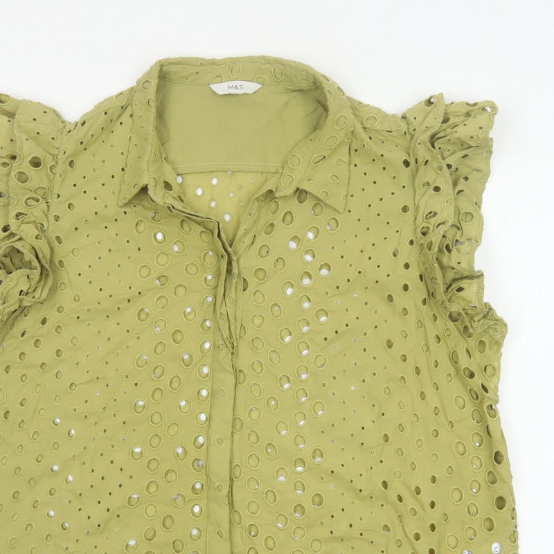 Marks and Spencer Women Green UK 22 Ruffle Eyelet Cotton Button-Up Blouse