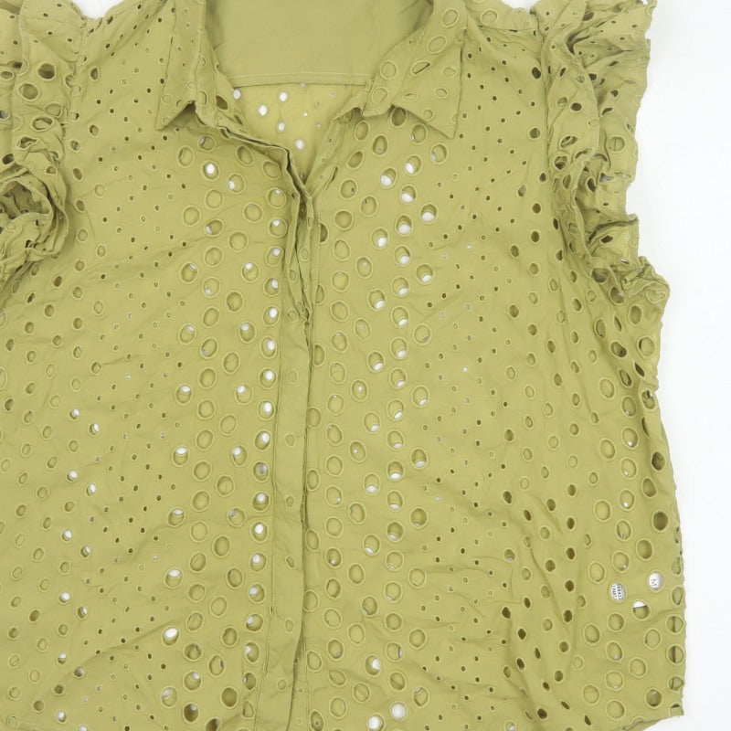 Marks and Spencer Women Green UK 22 Ruffle Eyelet Cotton Button-Up Blouse