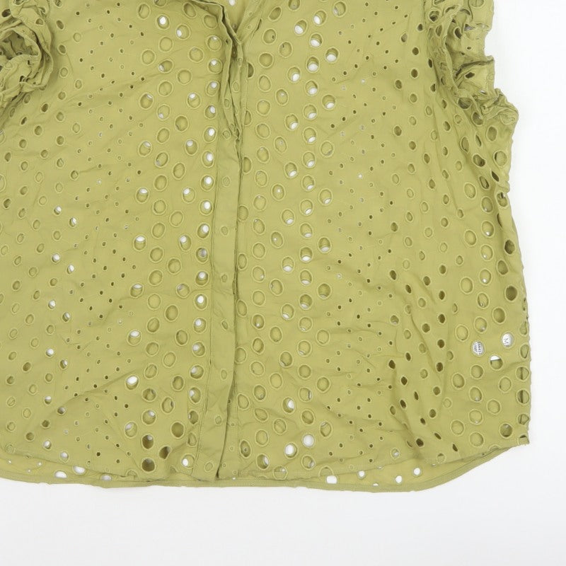 Marks and Spencer Women Green UK 22 Ruffle Eyelet Cotton Button-Up Blouse