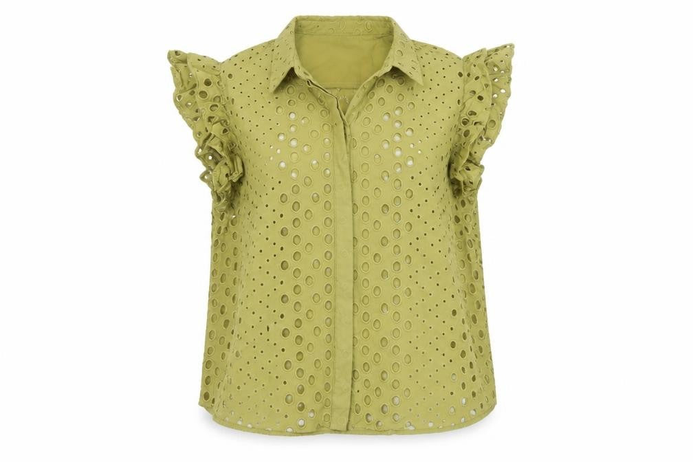 Marks and Spencer Women Green UK 22 Ruffle Eyelet Cotton Button-Up Blouse