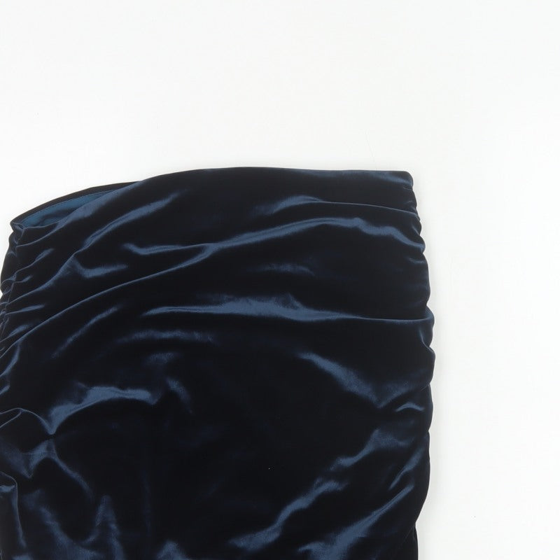Misspap Women Blue UK 12 Satin Ruched Bandage Mini Skirt