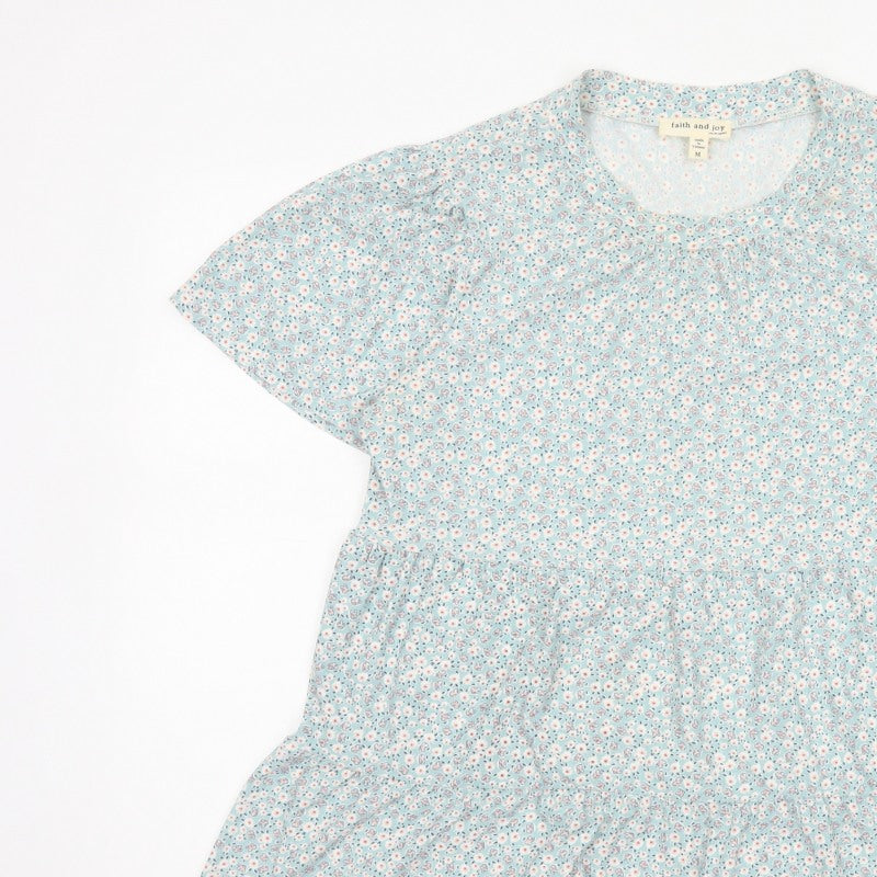 Faith and Joy Women Blue M Floral Peplum Short Sleeve Stretch Blouse
