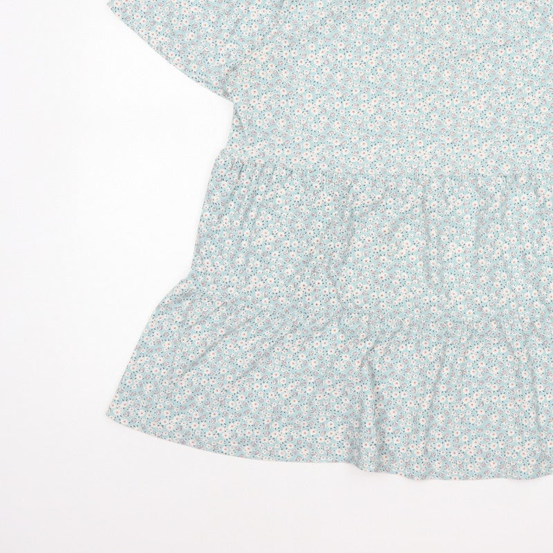 Faith and Joy Women Blue M Floral Peplum Short Sleeve Stretch Blouse