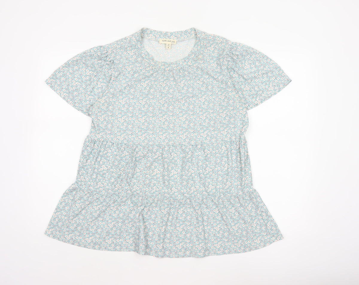 Faith and Joy Women Blue M Floral Peplum Short Sleeve Stretch Blouse